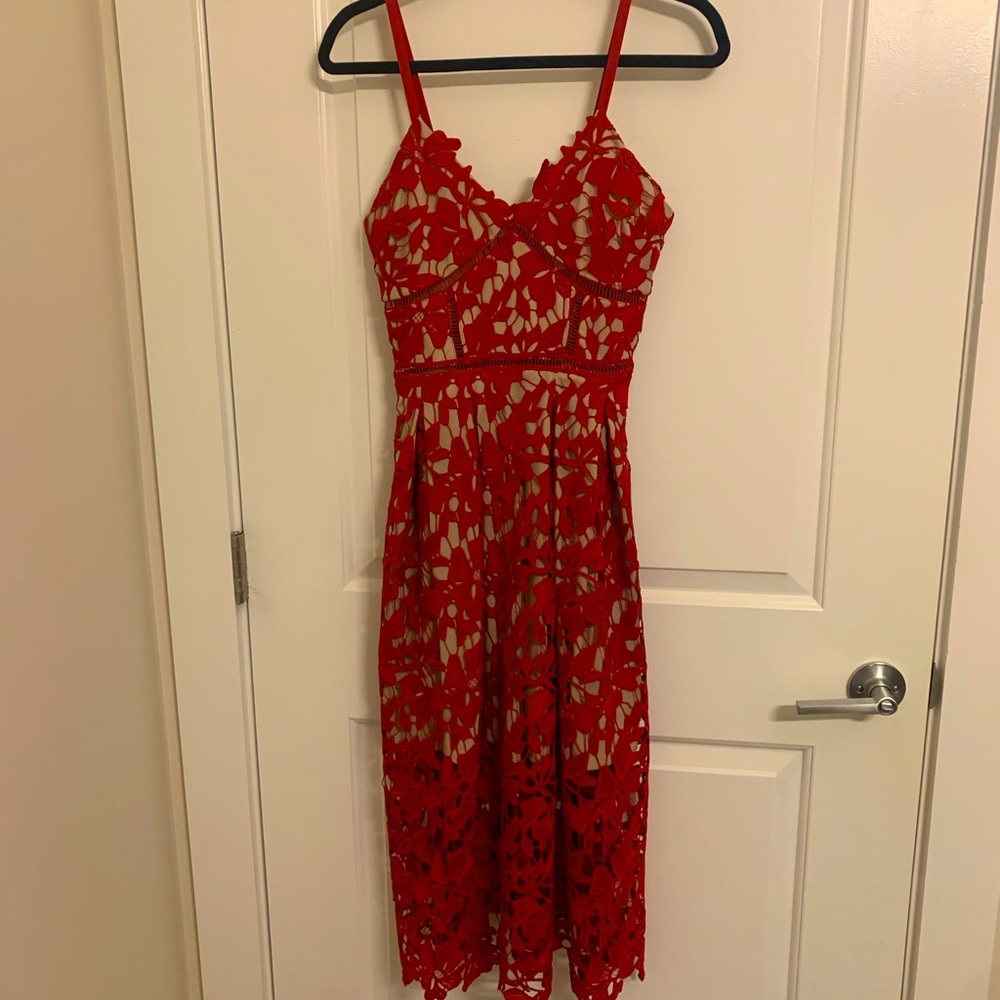 Red and nude beige floral pattern midi dress
